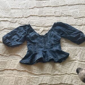 Pilcro (Anthropologie) Indigo Denim Puff-Sleeve Corset Top